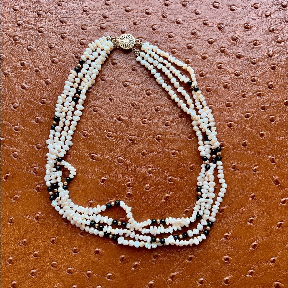 Vintage 14K Gold Fill Beaded Multi Strand Rice Freshwater Baroque Pearl Necklace